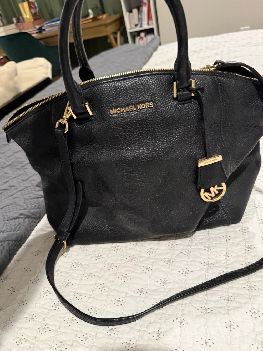 MICHAEL KORS Black Pebbled Leather Dome Satchel with Gold Hardware